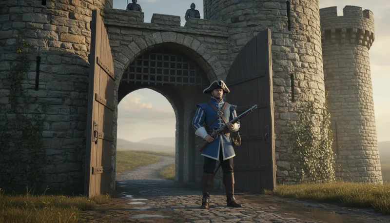 Illustration of musketeer: A soldier armed with a musket, often romanticized.