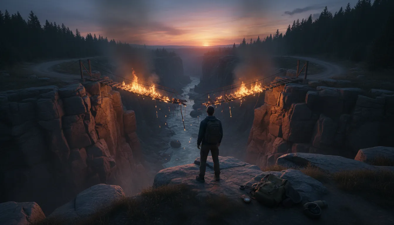 burn one's bridges 일러스트: To eliminate any chance of return.