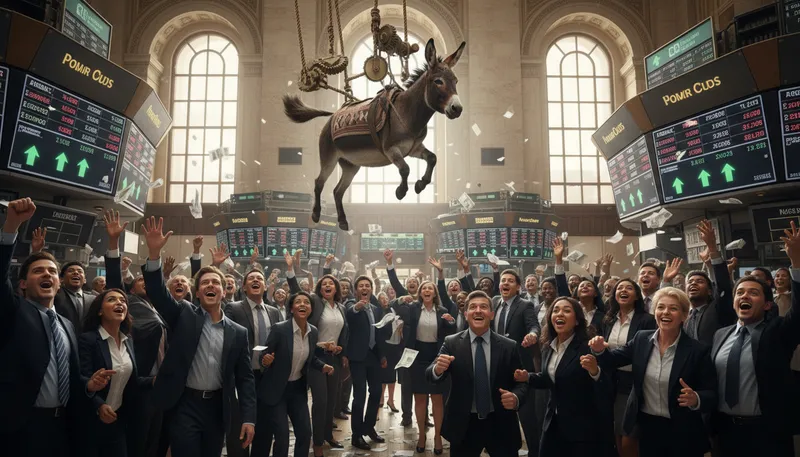 Illustration of up goes the donkey: unexpectedly rising or becoming successful
