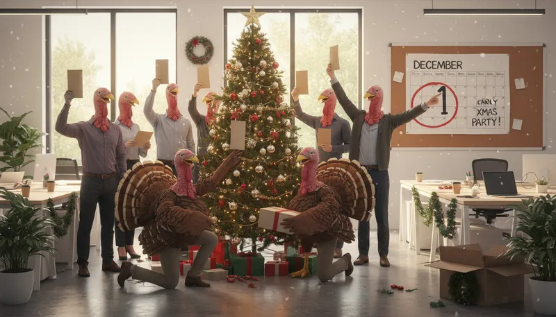 Illustration of like turkeys voting for an early christmas: Choosing an option that harms oneself.