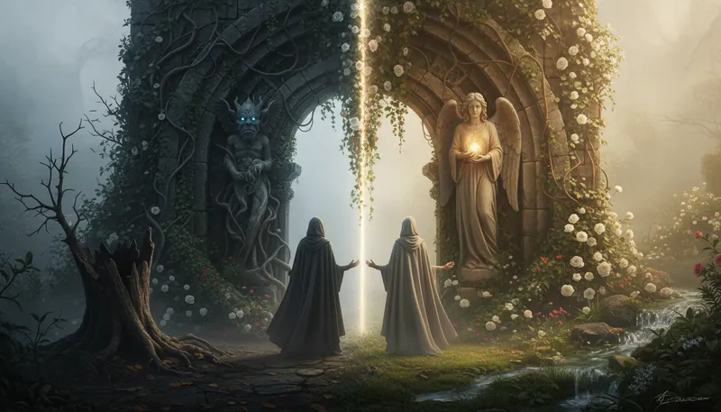 Illustration of dualism: The belief in two opposing forces.