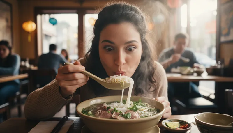 Illustration of pho: A Vietnamese soup with broth and noodles.