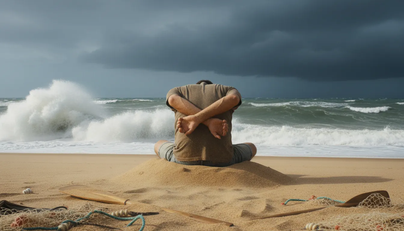 put one's head in the sand 일러스트: To ignore problems or unpleasant realities.