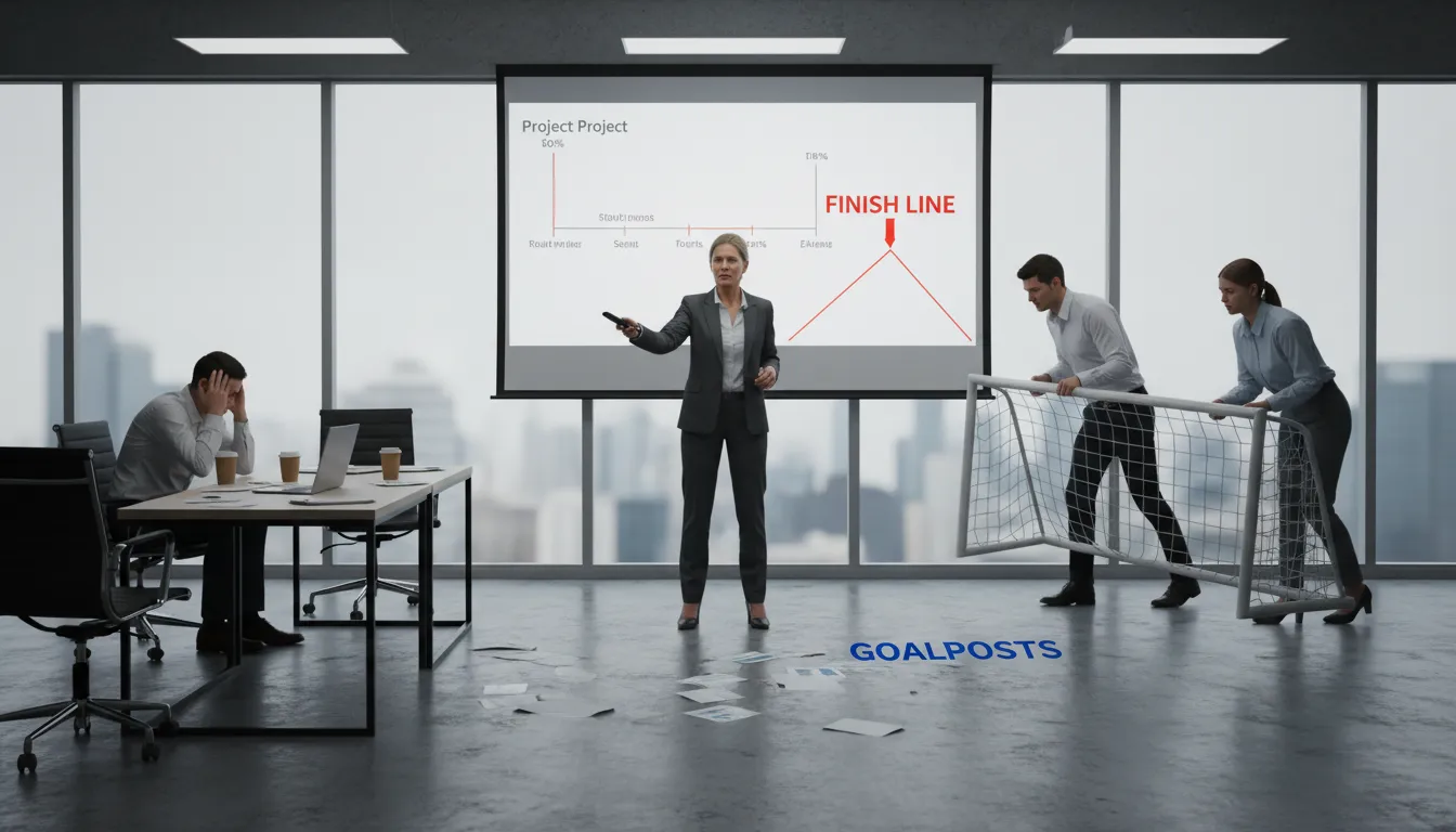 move the goalposts-এর ইলাস্ট্রেশন: Change the rules during a process.