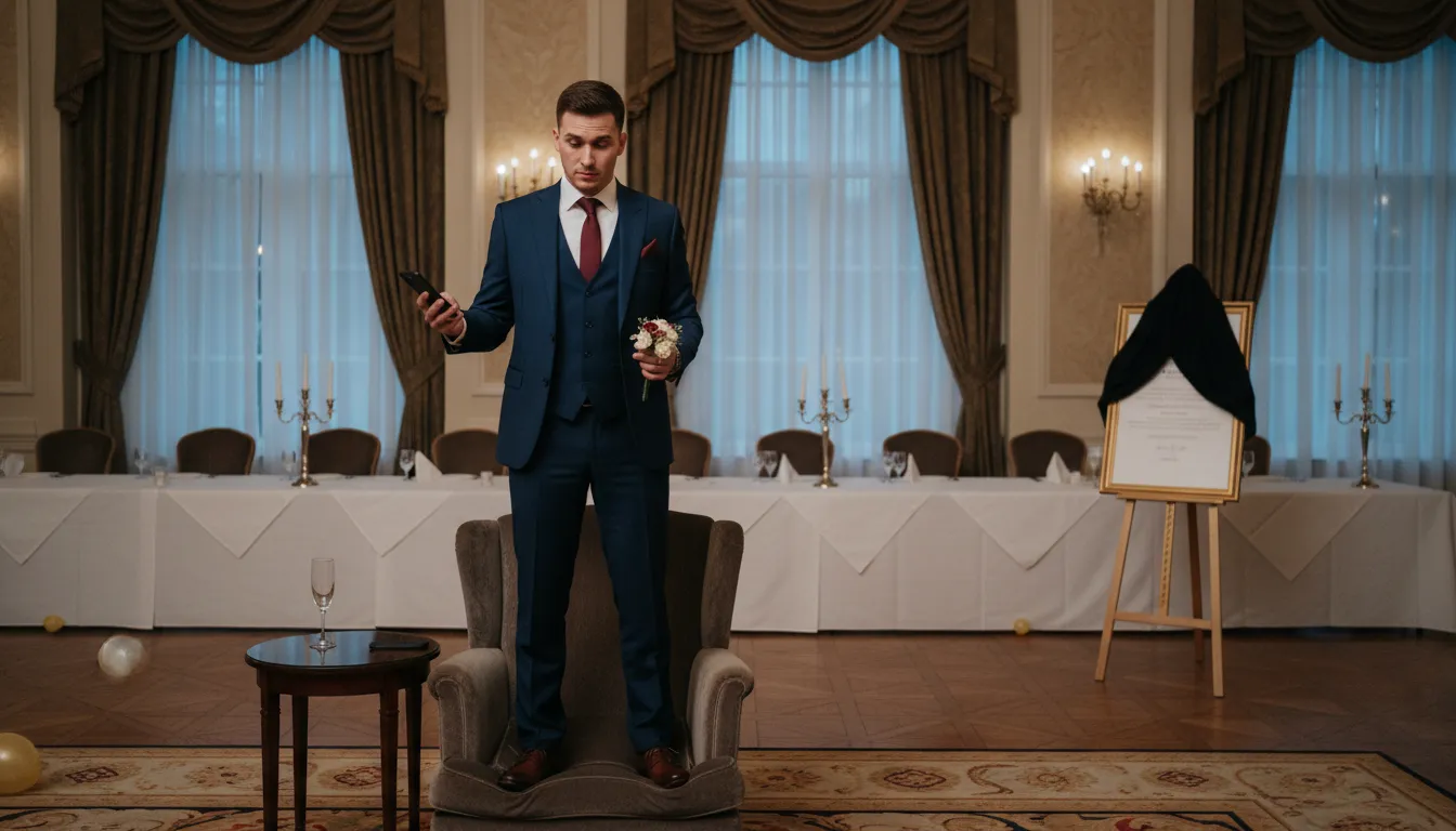 Ilustração de all dressed up and nowhere to go: Ready for an event that doesn't happen.
