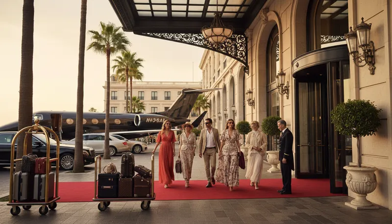 Illustration of jet set: Affluent travelers.