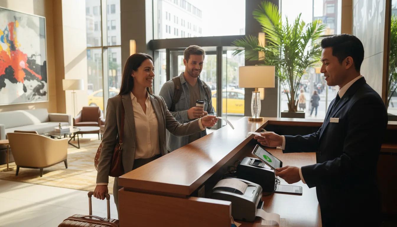 Ilustrasi checkout: the process of leaving a store or hotel