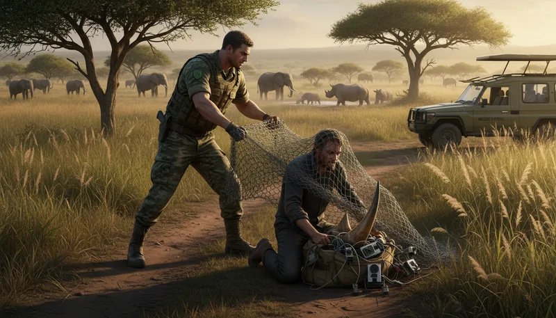 Illustration of poacher: A person who illegally hunts animals.