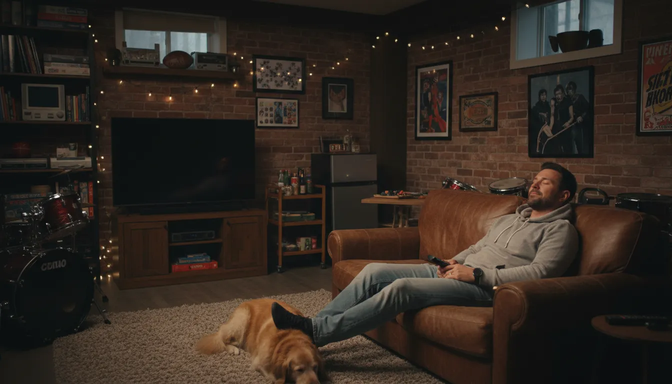 Illustration of man cave: a guy's personal hangout spot at home