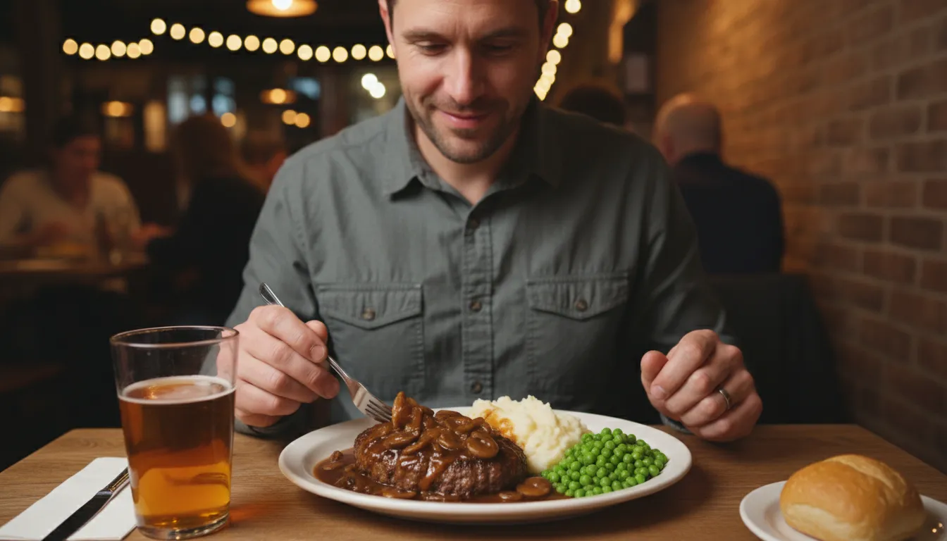 ภาพประกอบของ Salisbury steak: A ground beef patty usually served with brown gravy.