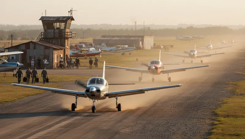 Illustration of airfield: A place where aircraft take off and land.