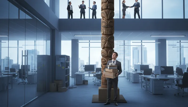 Illustration of low on the totem pole: Having little power or importance in a group.