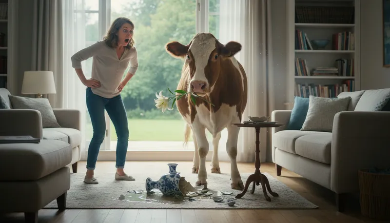 Illustration of have a cow: To become very upset.