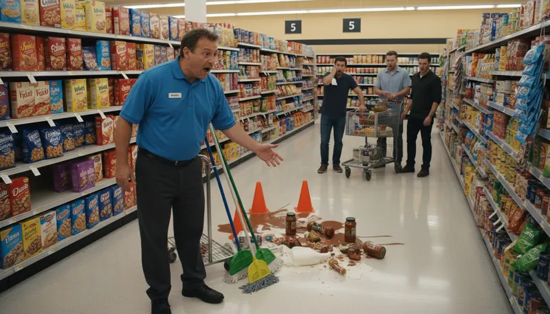 Illustration of cleanup in aisle: announcement of a mess needing immediate attention.