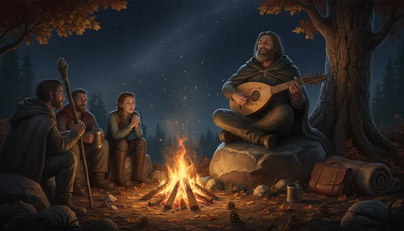 Illustration of bard: A poet or storyteller, often singing tales.