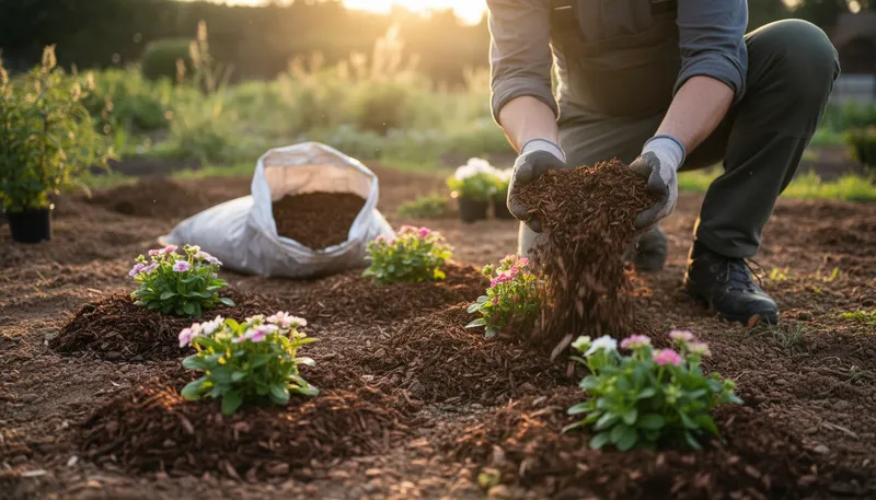 Illustration of mulch: Material spread over soil for protection.