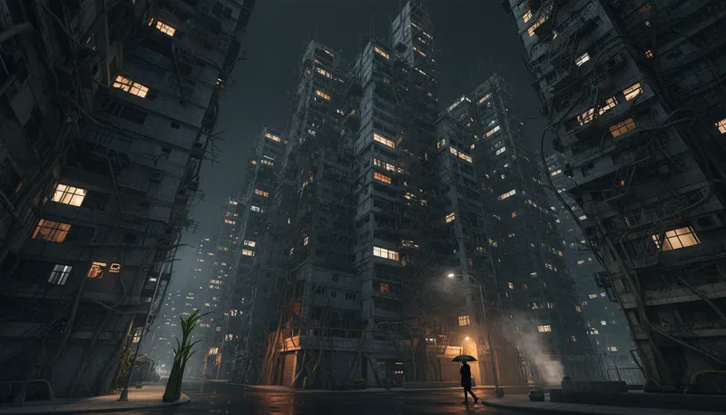 Illustration of concrete jungle: A dense urban area with buildings.