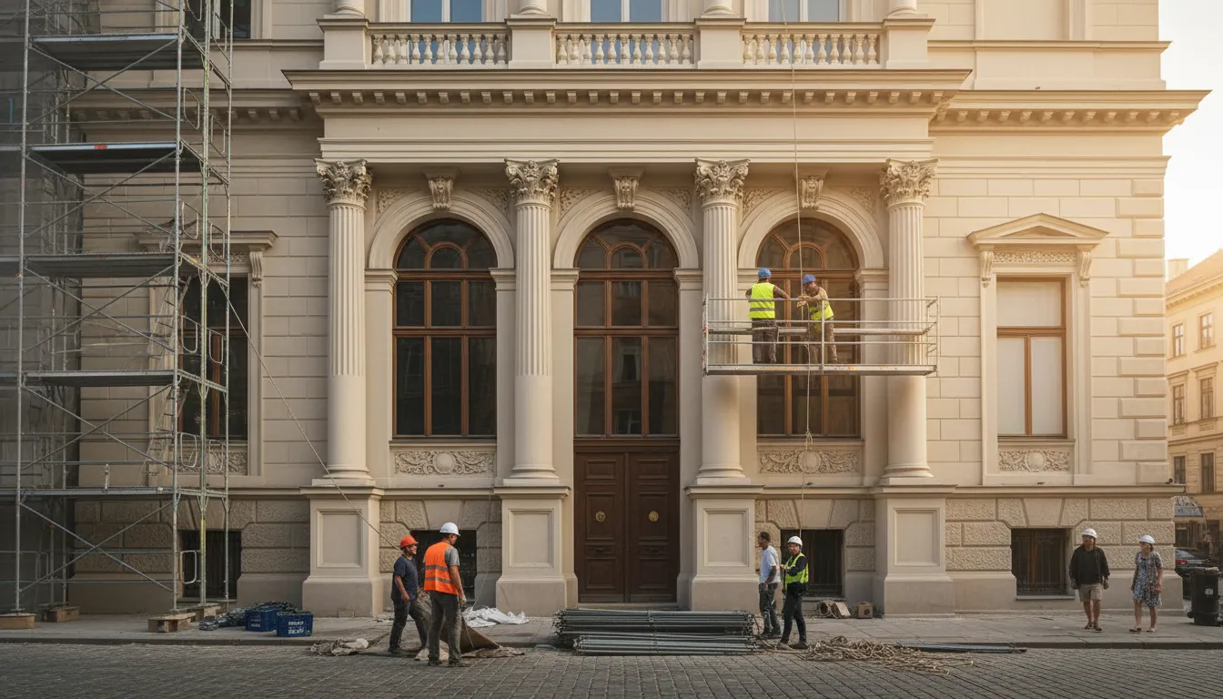 facade 일러스트: The front of a building, often decorative.