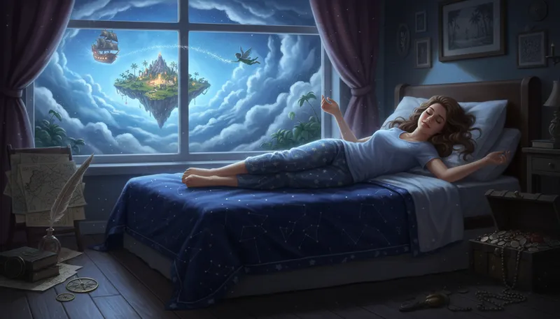 Illustration of neverland: A fictional place where children never grow up.