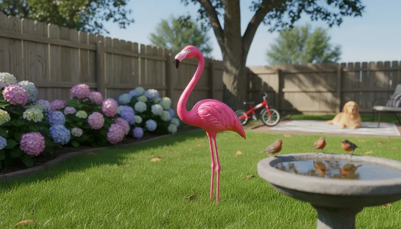 Illustration of flamingo: a decorative lawn ornament shaped like a bird