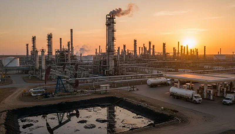Illustration of refinery: a facility that processes raw materials