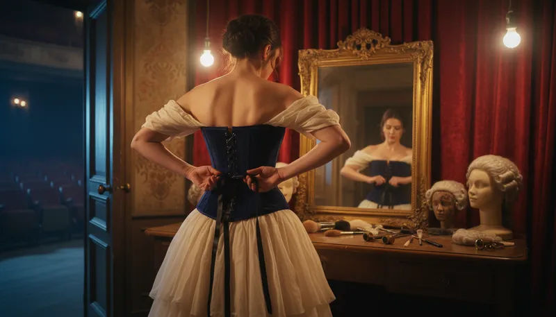 Illustration of corset: A tightly fitted garment worn to shape the waist.