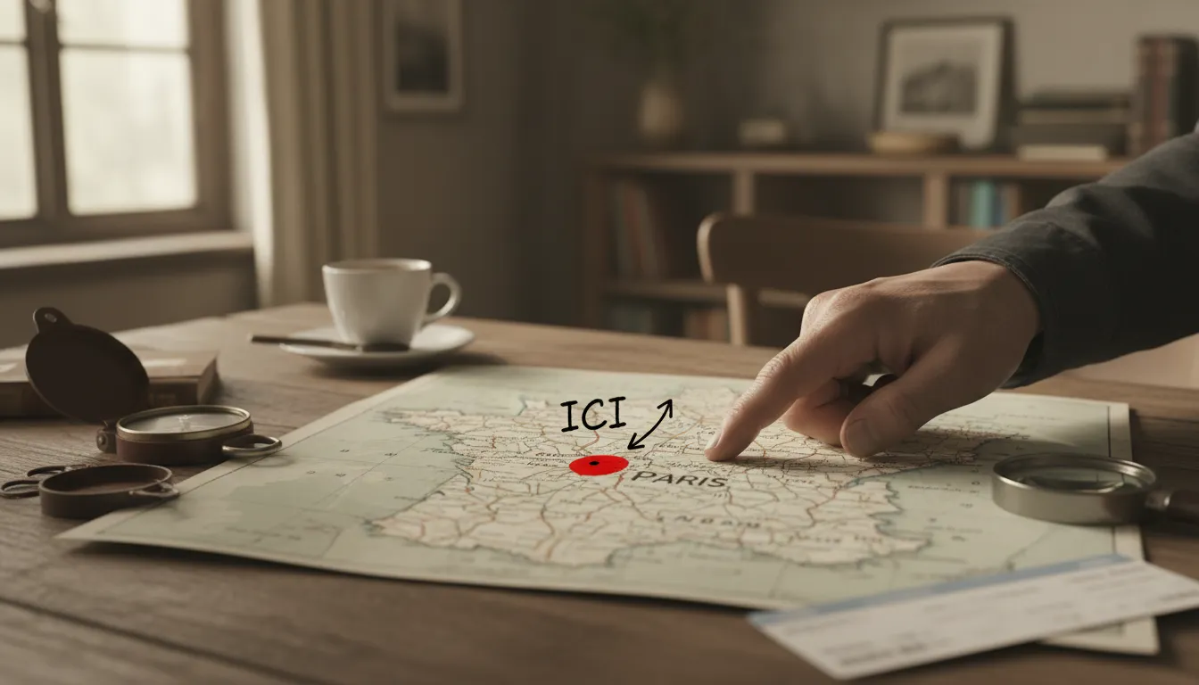 iciのイラスト：French word meaning 'here' or 'this place'.