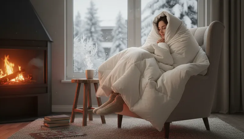 Illustration of comforter: A thick, warm blanket for bedding.