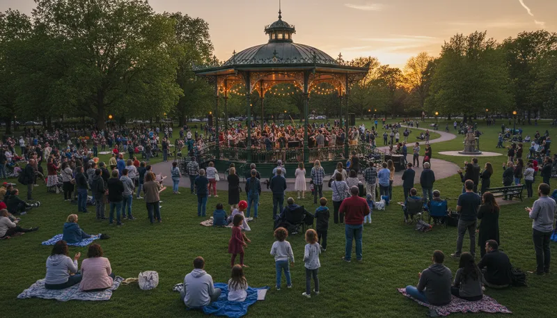 Illustration of bandstand: A raised platform for performers in a park.
