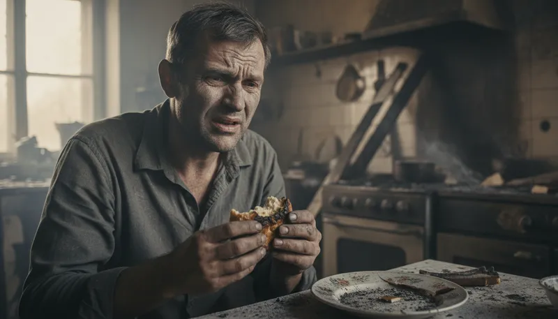 Illustration of dine on ashes: To eat something extremely unpleasant.