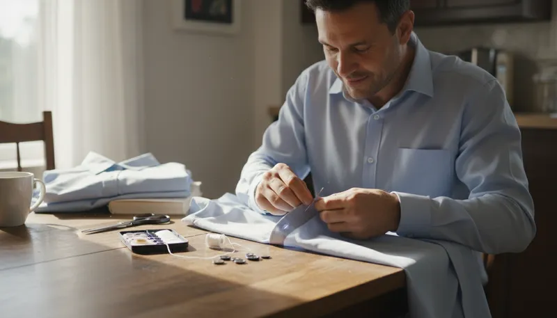 Illustration of sew buttons: Attach buttons to fabric using thread.