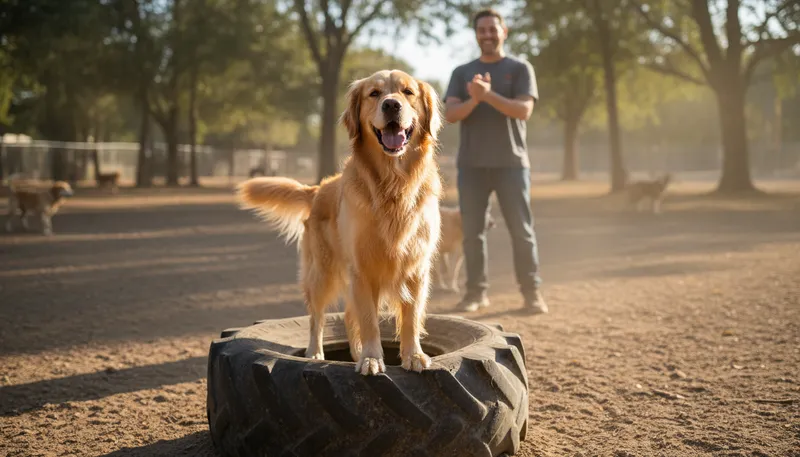 Illustration of dog who caught the tire: someone who achieves something unexpected