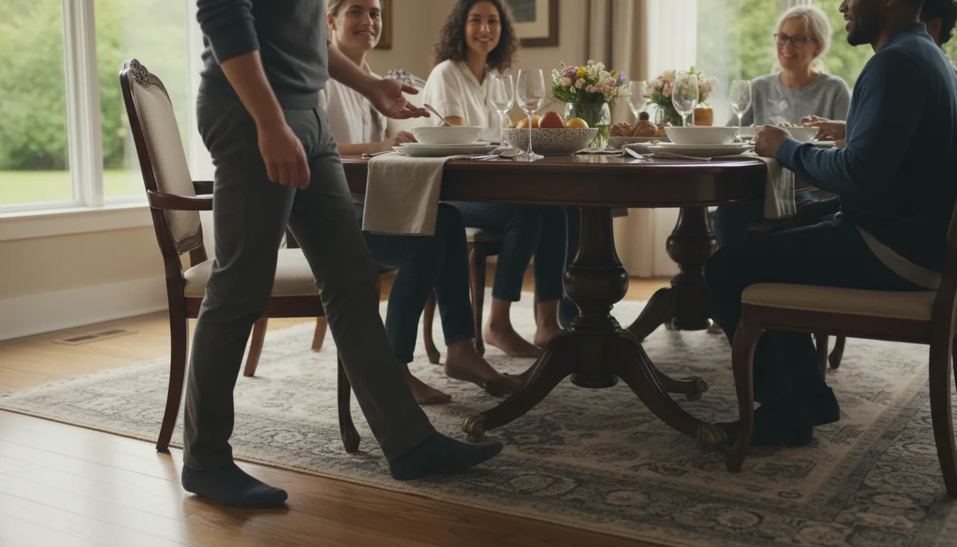 Illustration von put one's legs under someone's mahogany: To sit down at someone's dining table.