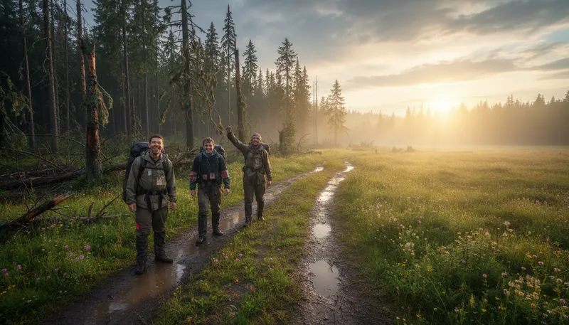 Illustration of out of the woods: In a safe situation after danger.