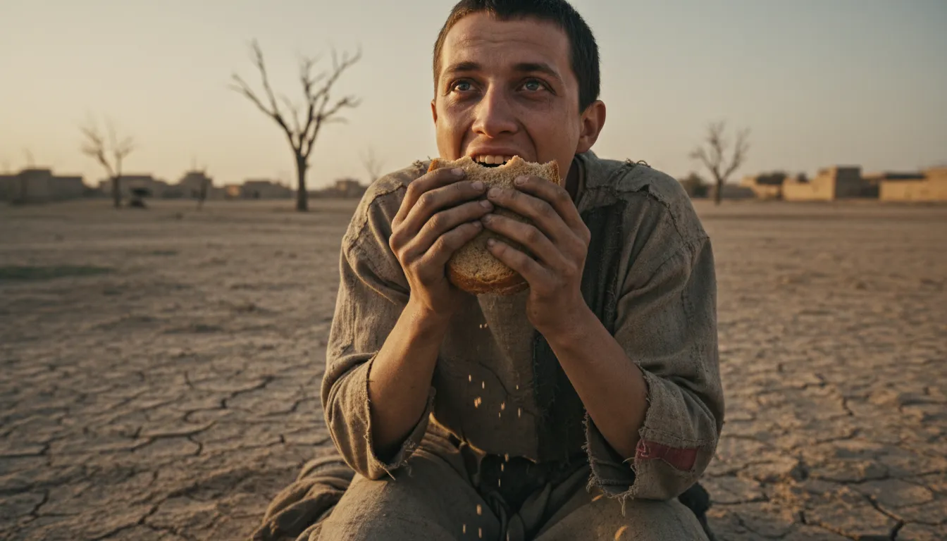 one's belly thinks one's throat has been cut का चित्र: Feeling extremely hungry or starving.