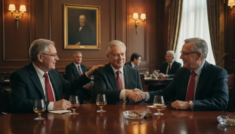 Illustration of old boy network: Informal connections among men for support.