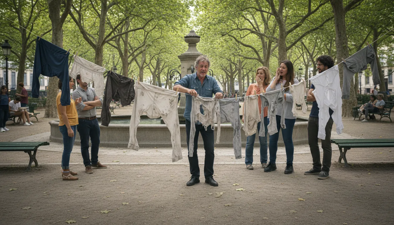 Illustrazione di wash one's dirty linen in public: discuss private issues openly