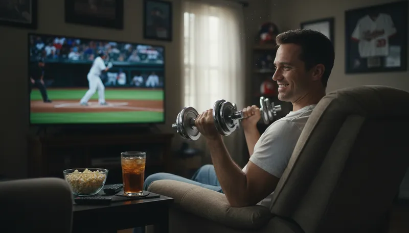 Illustration of twelve-ounce curls: drinking beer as exercise.