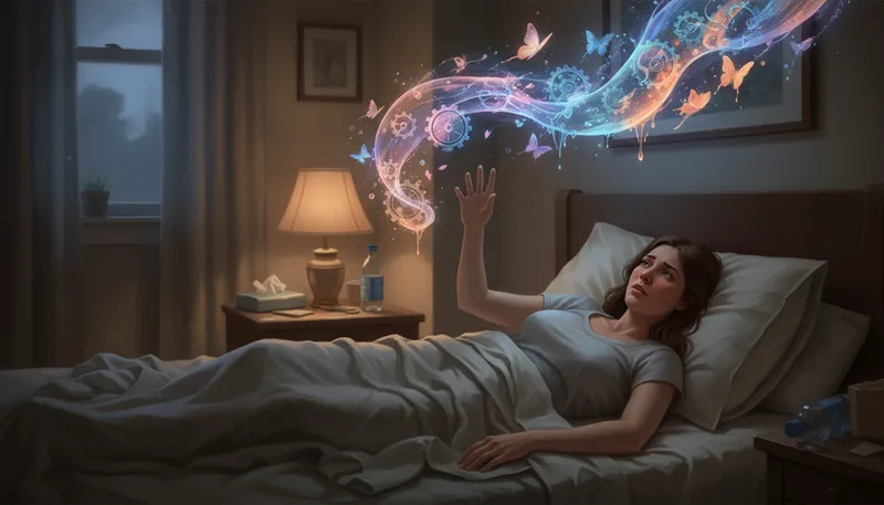 Illustration of hallucinate: To see or hear things that aren't there.