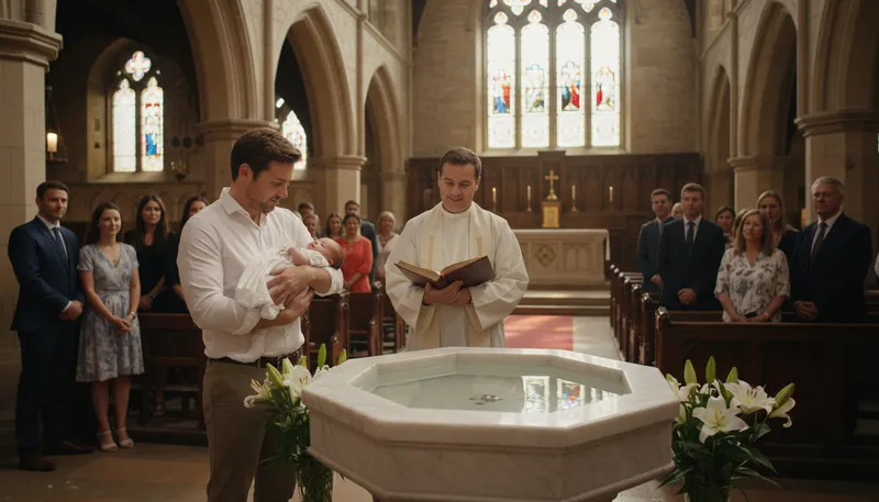 Illustration of baptize: to perform a Christian sacrament of initiation