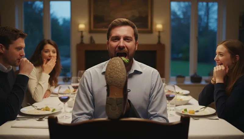 Illustration of put one's foot in one's mouth: say something embarrassing or inappropriate