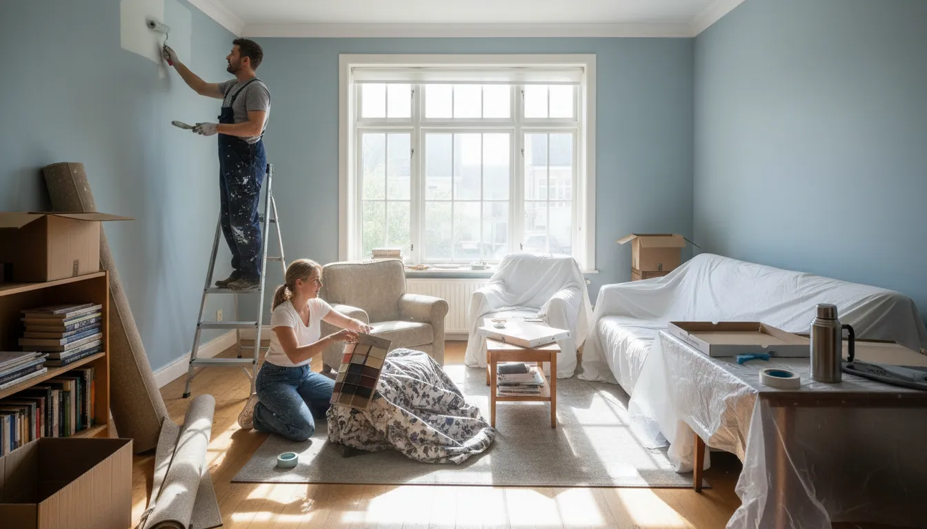 Illustration of redecorate: To change a room’s paint, wallpaper, or furnishings.