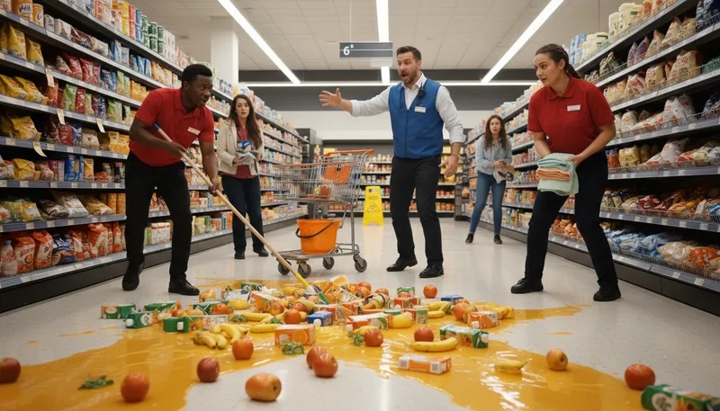 Illustration of cleanup on aisle: a mess needs immediate attention in a store