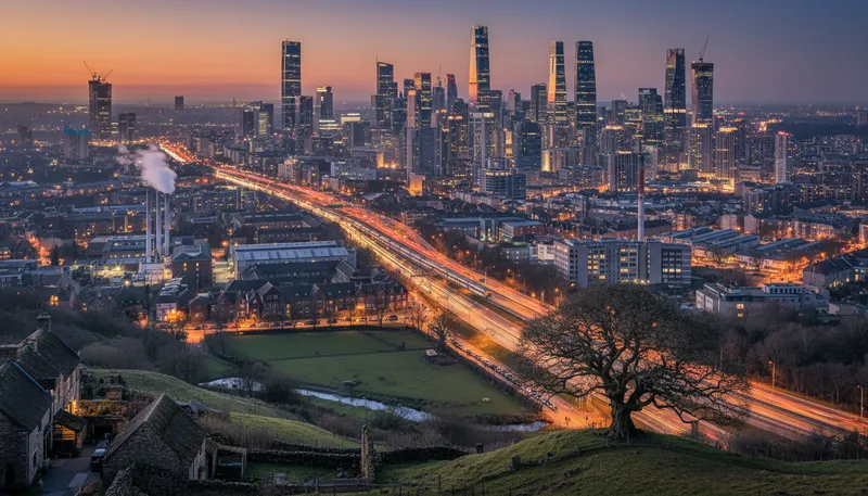 Illustration of urbanization: The process of cities growing larger.