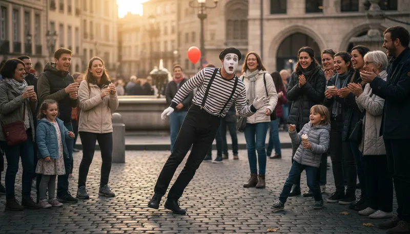 Illustration of mime: An artist who uses gestures instead of words.