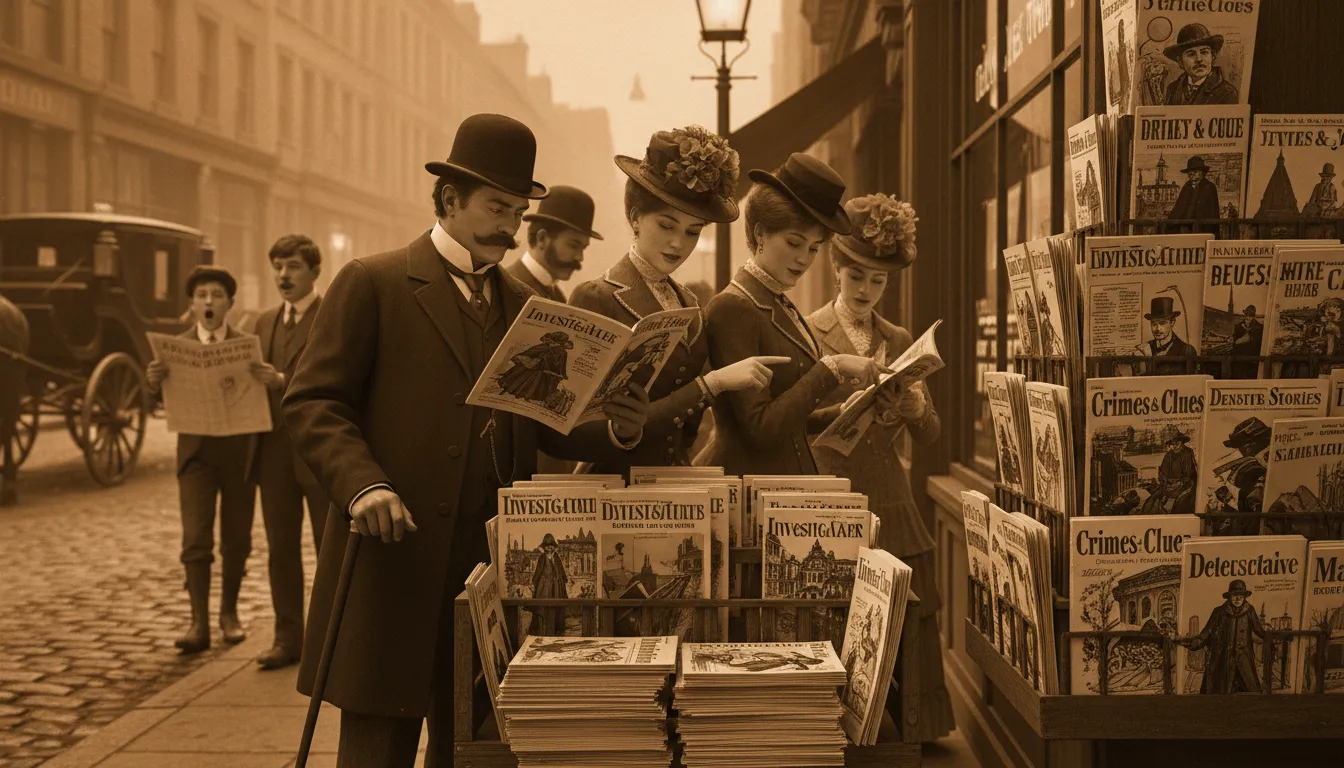 Illustration of detective fiction: Stories in which an investigator solves a crime, usually a murder.