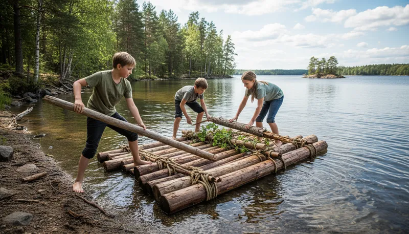 Illustration of raft: A flat structure for floating on water.