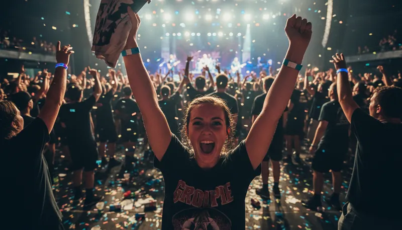 Illustration of groupie: A fan who follows a band or celebrity closely.