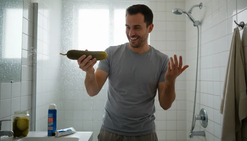 Illustration of jerkin the gherkin: A humorous phrase for male masturbation.