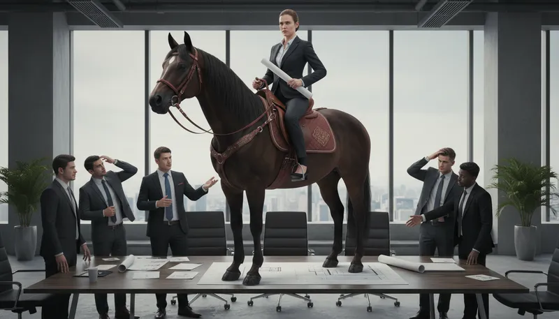 Illustration of on one's high horse: to act superior or arrogant.